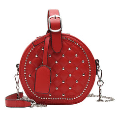 Women PU Leather Solid Rhombic Rivet Small Round Bag Cross Body Bag