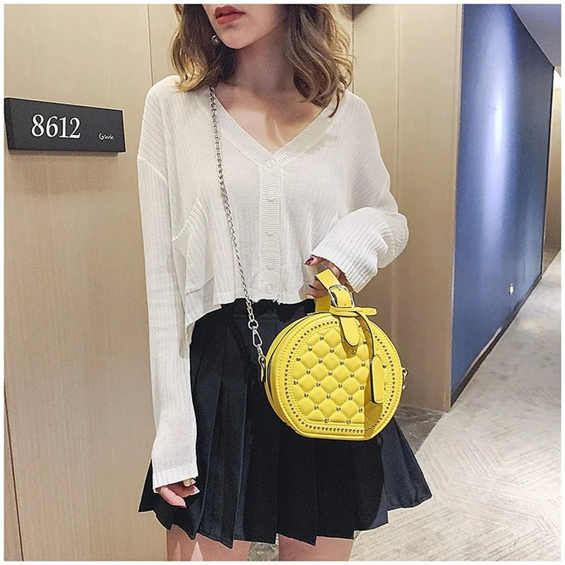 Women PU Leather Solid Rhombic Rivet Small Round Bag Cross Body Bag
