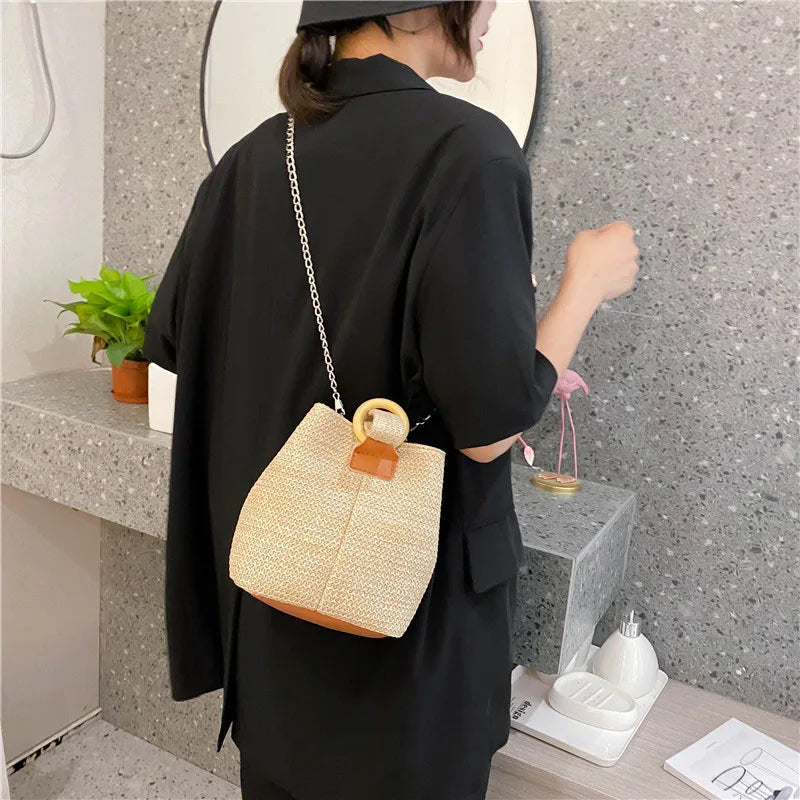 Straw Beach Bag Cross Body Bucket Shoulder Bag for Women Girls
