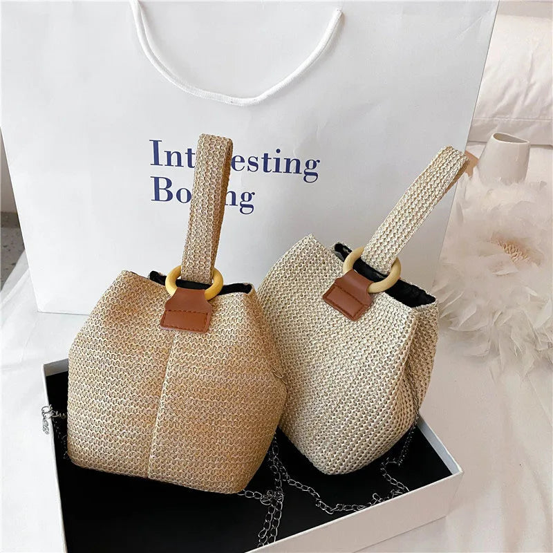 Straw Beach Bag Cross Body Bucket Shoulder Bag for Women Girls