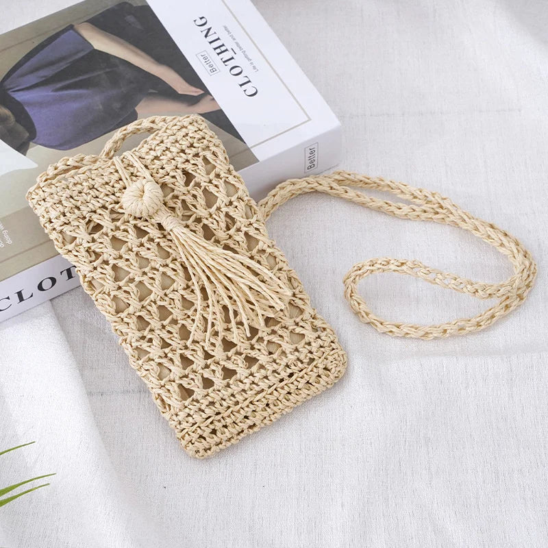 Vintage Straw Tassel Crossbody Bag for Beach, Summer Mini Phone Bag