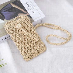 Vintage Straw Tassel Crossbody Bag for Beach, Summer Mini Phone Bag