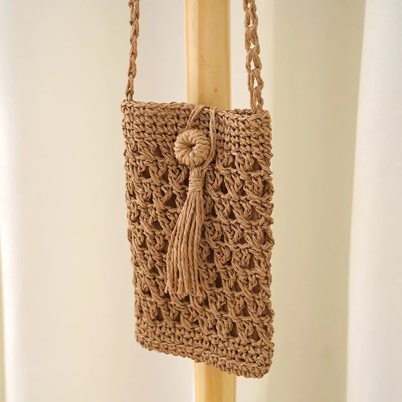 Vintage Straw Tassel Crossbody Bag for Beach, Summer Mini Phone Bag