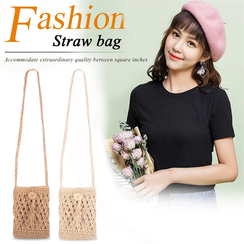 Summer Straw Crossbody Bag with Tassel for Girls