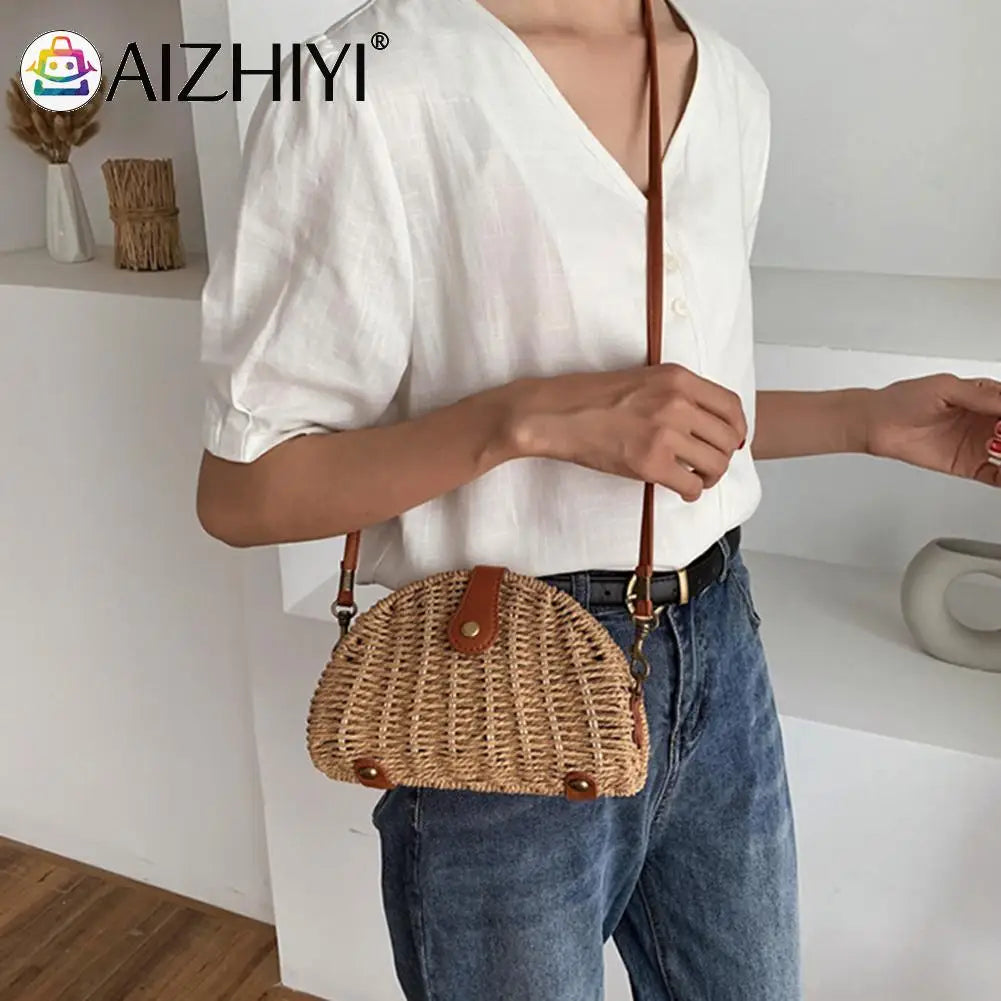 Beach Shoulder Bow Bags Woven Semicircle Ladies Purse