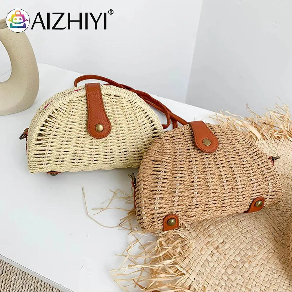 Beach Shoulder Bow Bags Woven Semicircle Ladies Purse