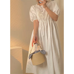 Beach Straw Woven Bucket Bag Bowknot Plaid Ladies Small Shoulder Bag