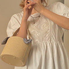 Beach Straw Woven Bucket Bag Bowknot Plaid Ladies Small Shoulder Bag