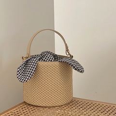 Beach Straw Woven Bucket Bag Bowknot Plaid Ladies Small Shoulder Bag
