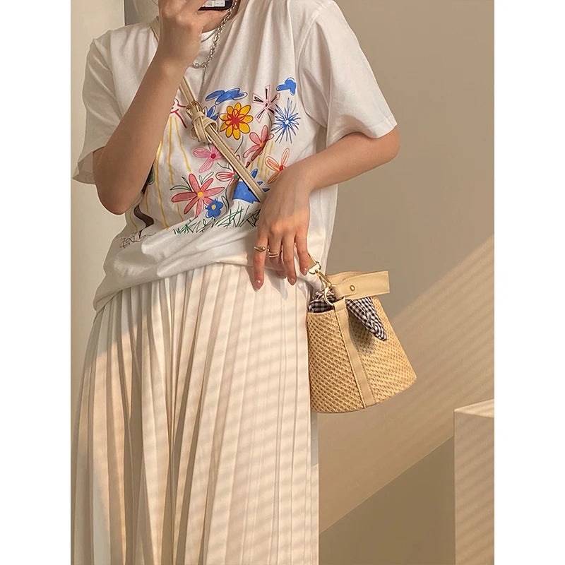 Beach Straw Woven Bucket Bag Bowknot Plaid Ladies Small Shoulder Bag