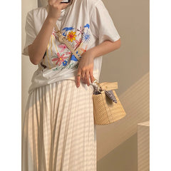 Beach Straw Woven Bucket Bag Bowknot Plaid Ladies Small Shoulder Bag