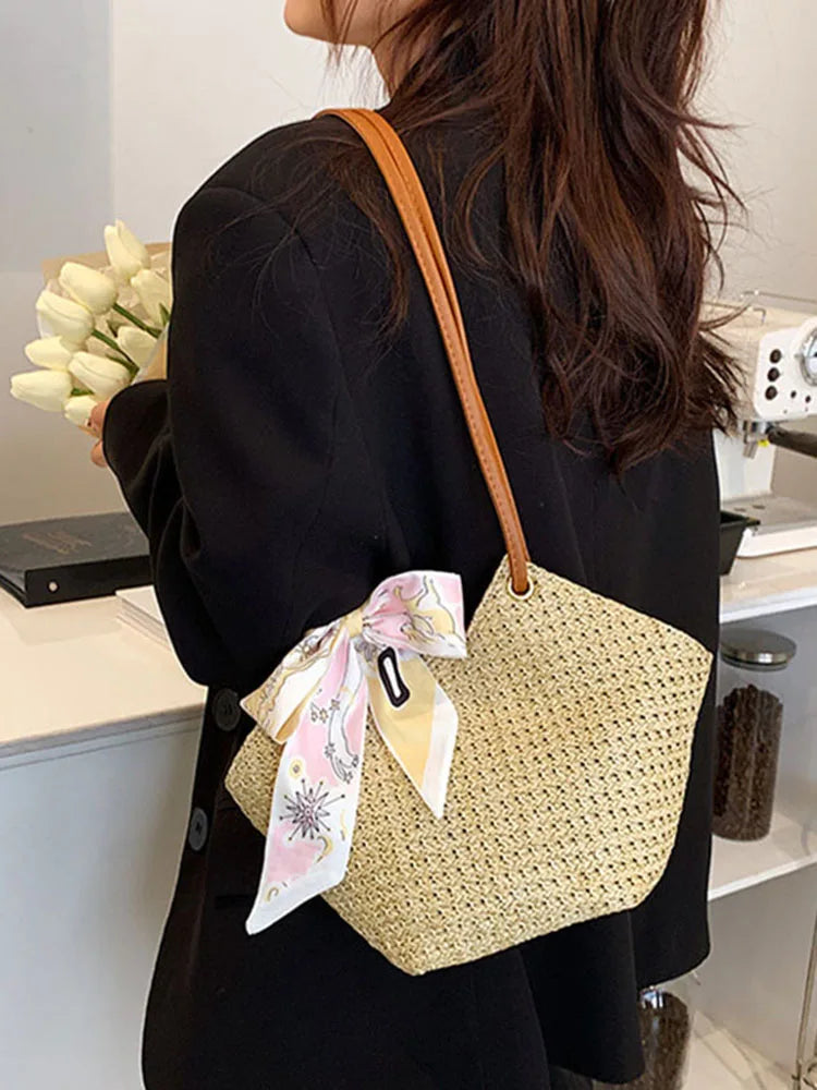 Women's Beach Scarf Tote Straw Handbag Solid Casual Shoulder Bag
