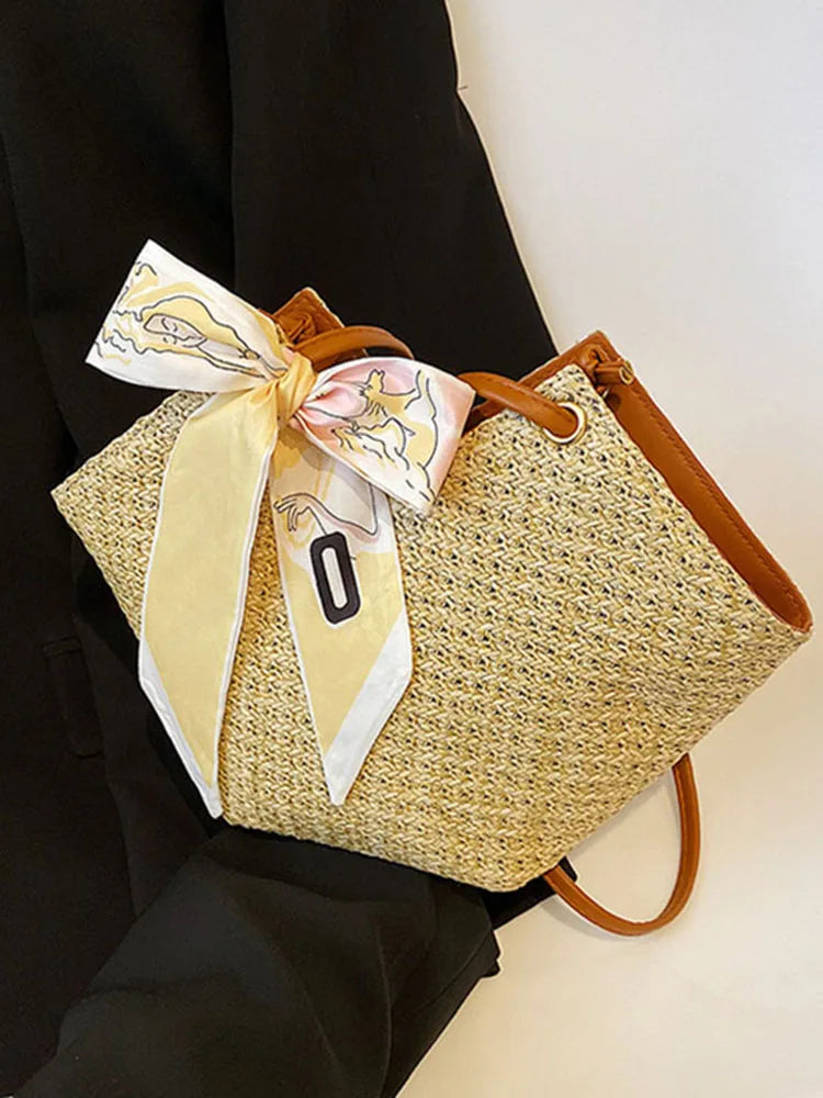 Women's Beach Scarf Tote Straw Handbag Solid Casual Shoulder Bag