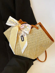 Women's Beach Scarf Tote Straw Handbag Solid Casual Shoulder Bag