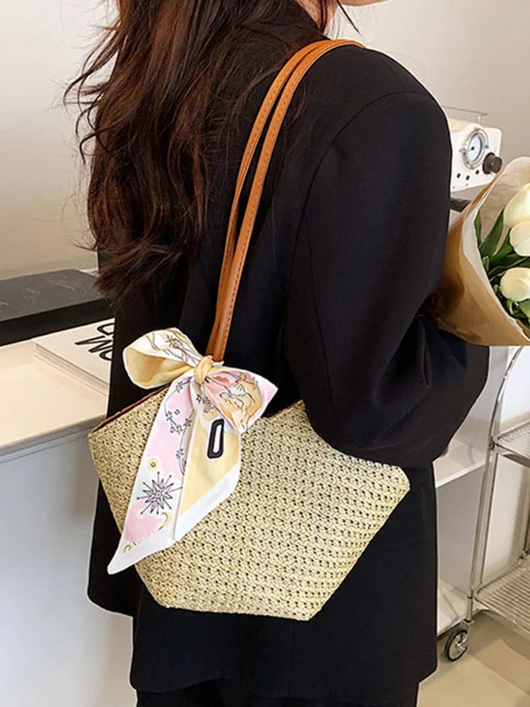 Women's Beach Scarf Tote Straw Handbag Solid Casual Shoulder Bag