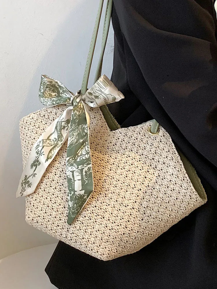 Women's Beach Scarf Tote Straw Handbag Solid Casual Shoulder Bag