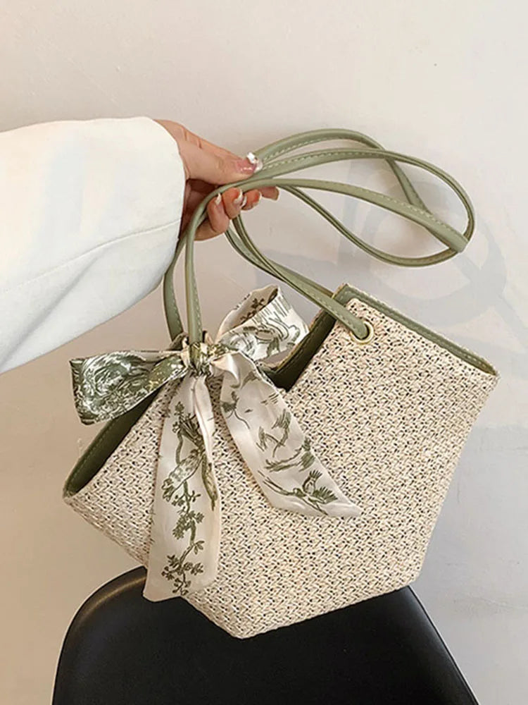 Women's Beach Scarf Tote Straw Handbag Solid Casual Shoulder Bag