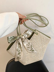 Women's Beach Scarf Tote Straw Handbag Solid Casual Shoulder Bag