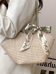 Women's Beach Scarf Tote Straw Handbag Solid Casual Shoulder Bag