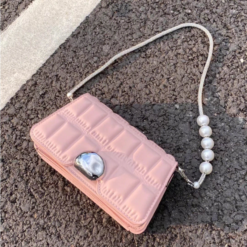 Plaid Bead Chain Shoulder Bag for Women Ladies Underarm Purses and Handbags