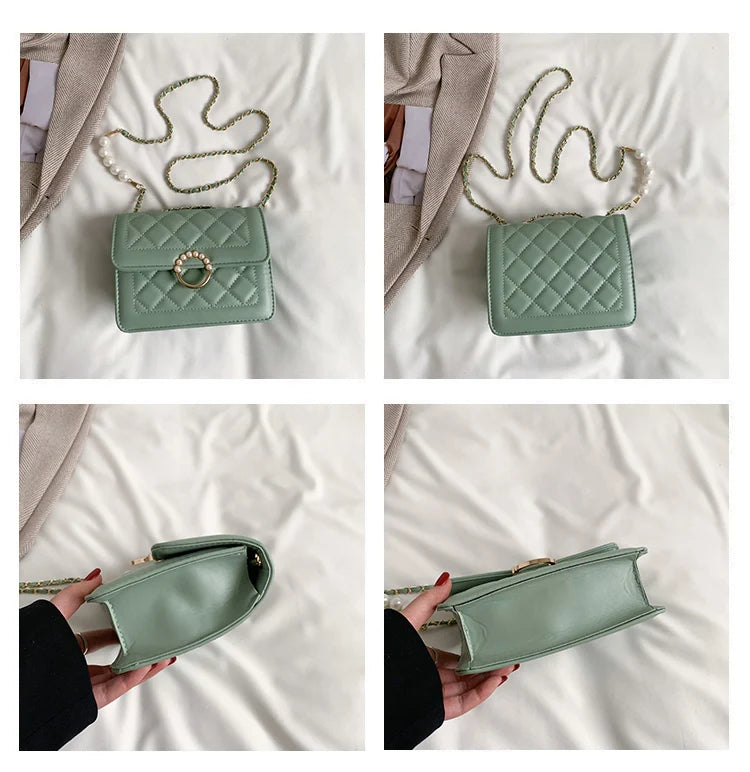 Beaded Chain Women's Shoulder Bag PU Leather Crossbody Bags