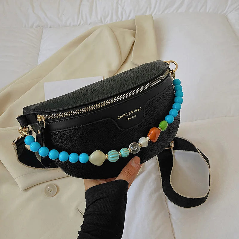 Women Beaded Waist Bag High Leather Fanny Pack Female Chest Belt Bag