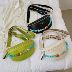 Women Beaded Waist Bag High Leather Fanny Pack Female Chest Belt Bag