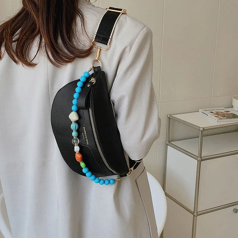 Women Beaded Waist Bag High Leather Fanny Pack Female Chest Belt Bag