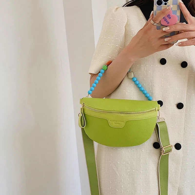 Women Beaded Waist Bag High Leather Fanny Pack Female Chest Belt Bag