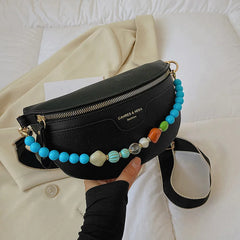 Women Beaded Waist Bag High Leather Fanny Pack Female Chest Belt Bag