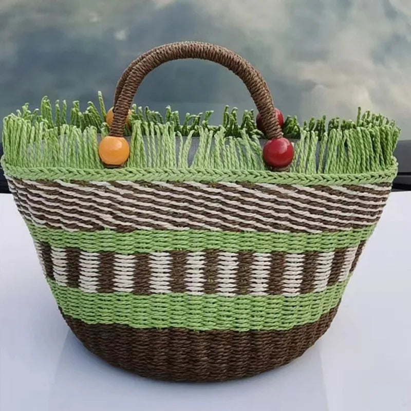 Striped Tassel Beach Bag for Women Paper Rope Woven Shopper Purses