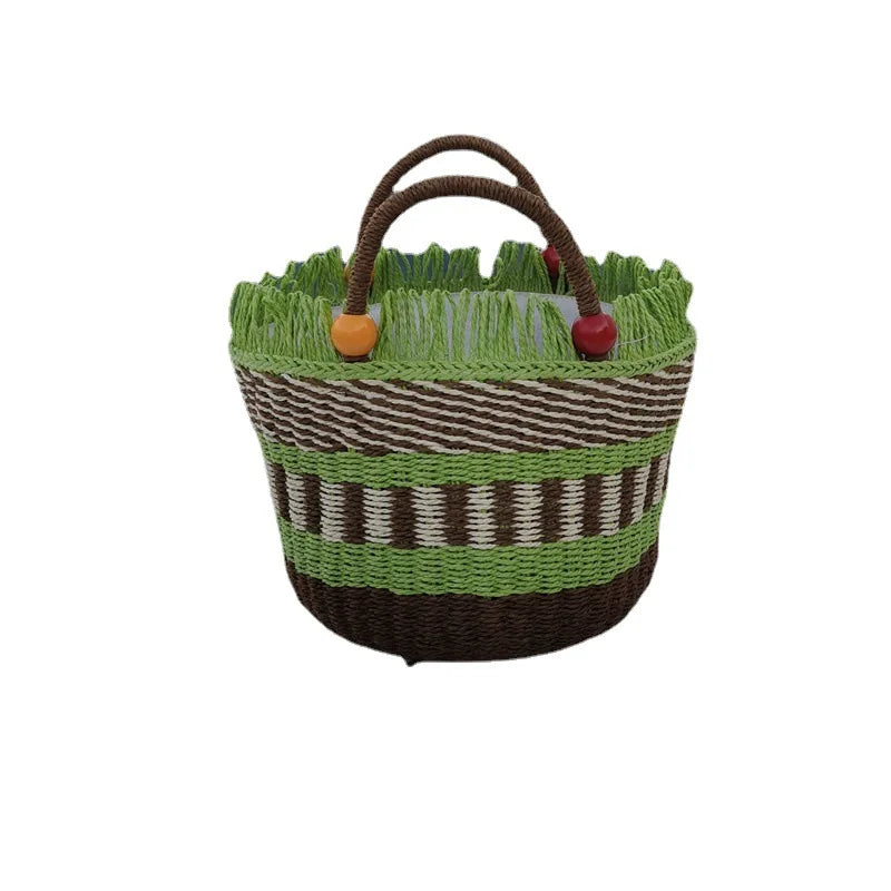 Striped Tassel Beach Bag for Women Paper Rope Woven Shopper Purses