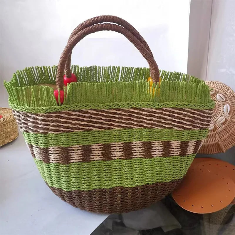 Striped Tassel Beach Bag for Women Paper Rope Woven Shopper Purses