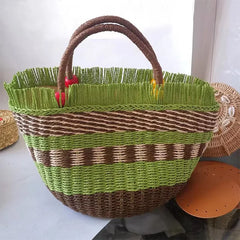 Striped Tassel Beach Bag for Women Paper Rope Woven Shopper Purses