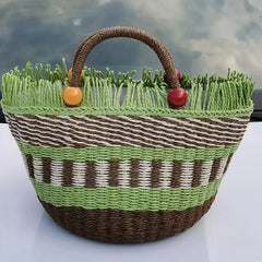 Striped Tassel Beach Bag for Women Paper Rope Woven Shopper Purses