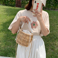 Small Straw Shoulder Bag Rattan Weave Beach Bucket Crossbody Handbag