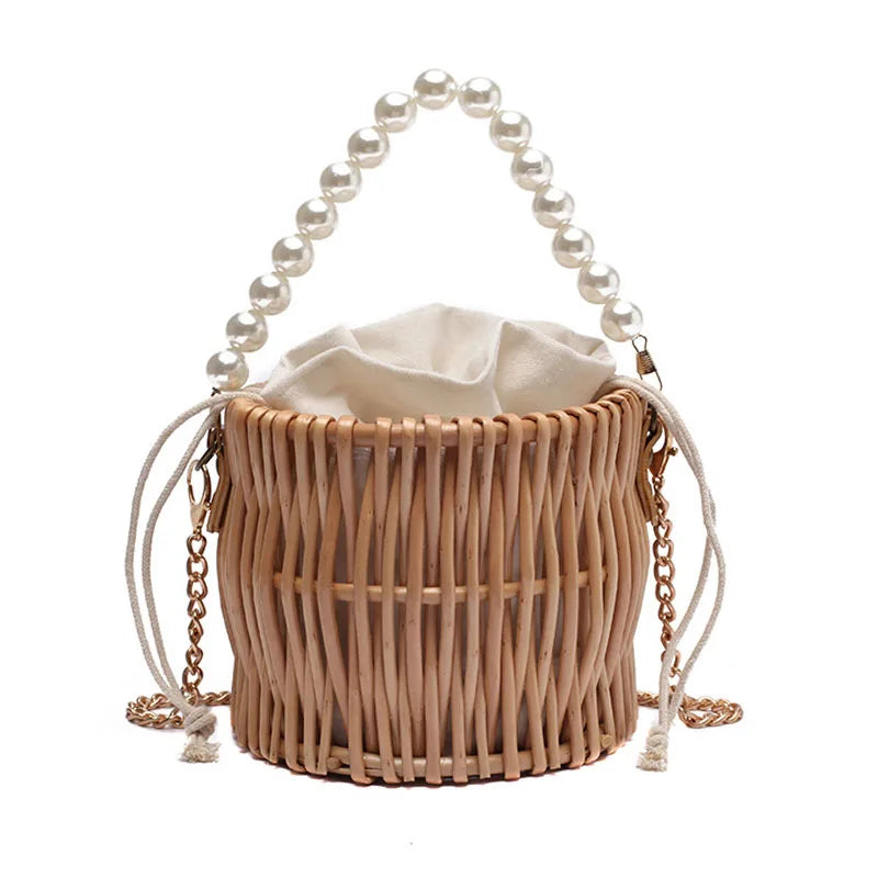 Small Straw Shoulder Bag Rattan Weave Beach Bucket Crossbody Handbag