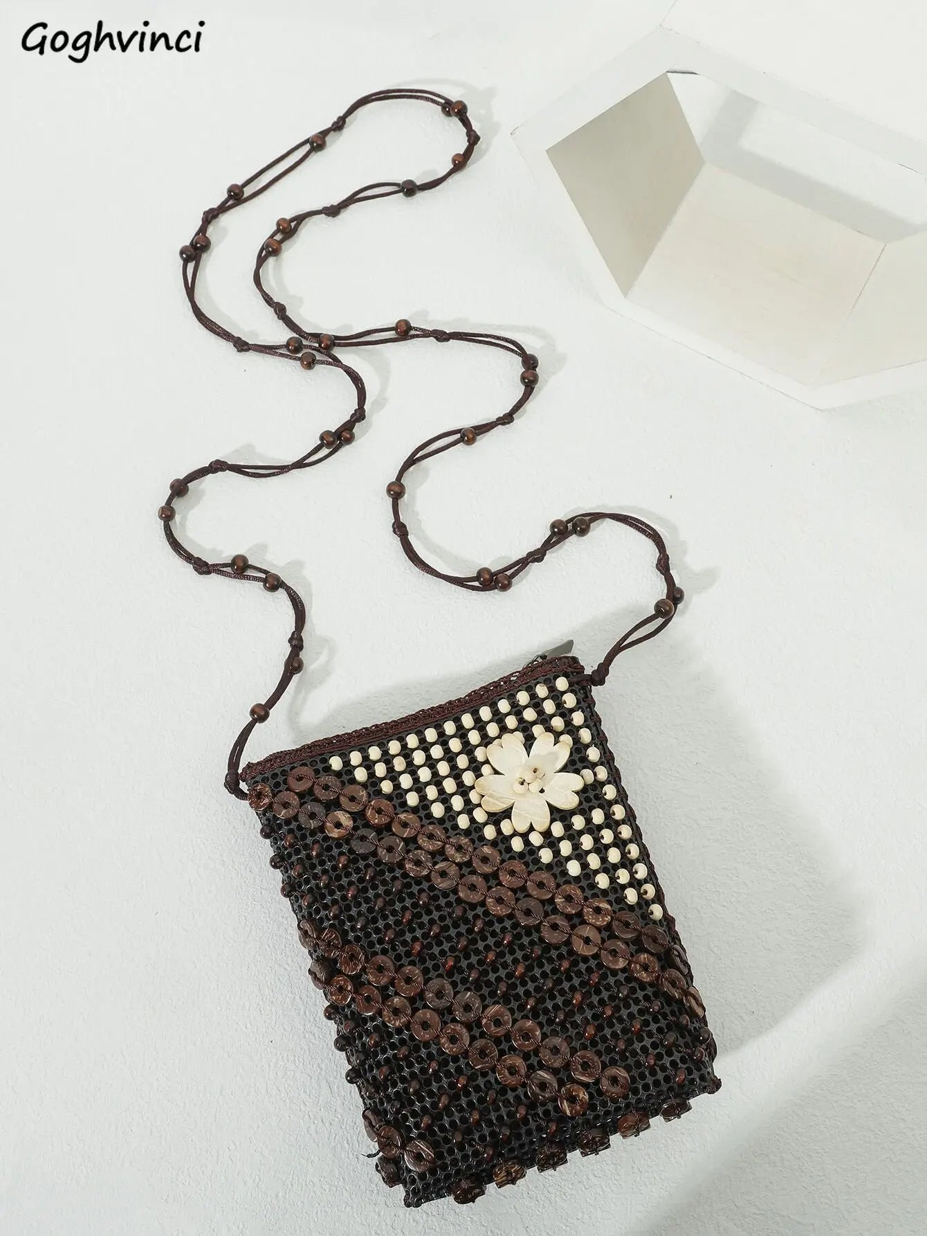 Retro Beaded Shoulder Bag Crossbody Mini Money Bag Flower Appliques Handbag