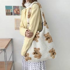 Bear Women Plush Shoulder Bag Lamb Wool Large-capacity Shopping Bag
