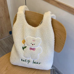 Bear Pattern Large Capacity Tote Bag Solid Plush Cartoon Peach Shoulder Bag