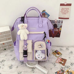 Bear Pendant Waterproof Candy Colors Backpack for Teenage Girl