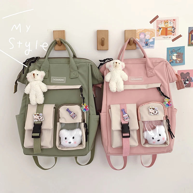 Bear Pendant Waterproof Candy Colors Backpack for Teenage Girl