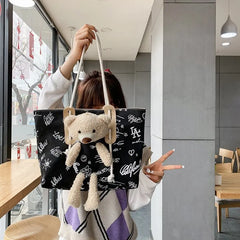 Bear Women's Canvas Shopper Bag Waterproof Zipper Handbags Tote Bolsa