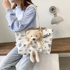 Bear Women's Canvas Shopper Bag Waterproof Zipper Handbags Tote Bolsa