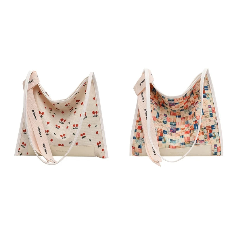 Cherry Plaid Messenger Bag Large Canvas Shoulder Bag Women's Tote Bag