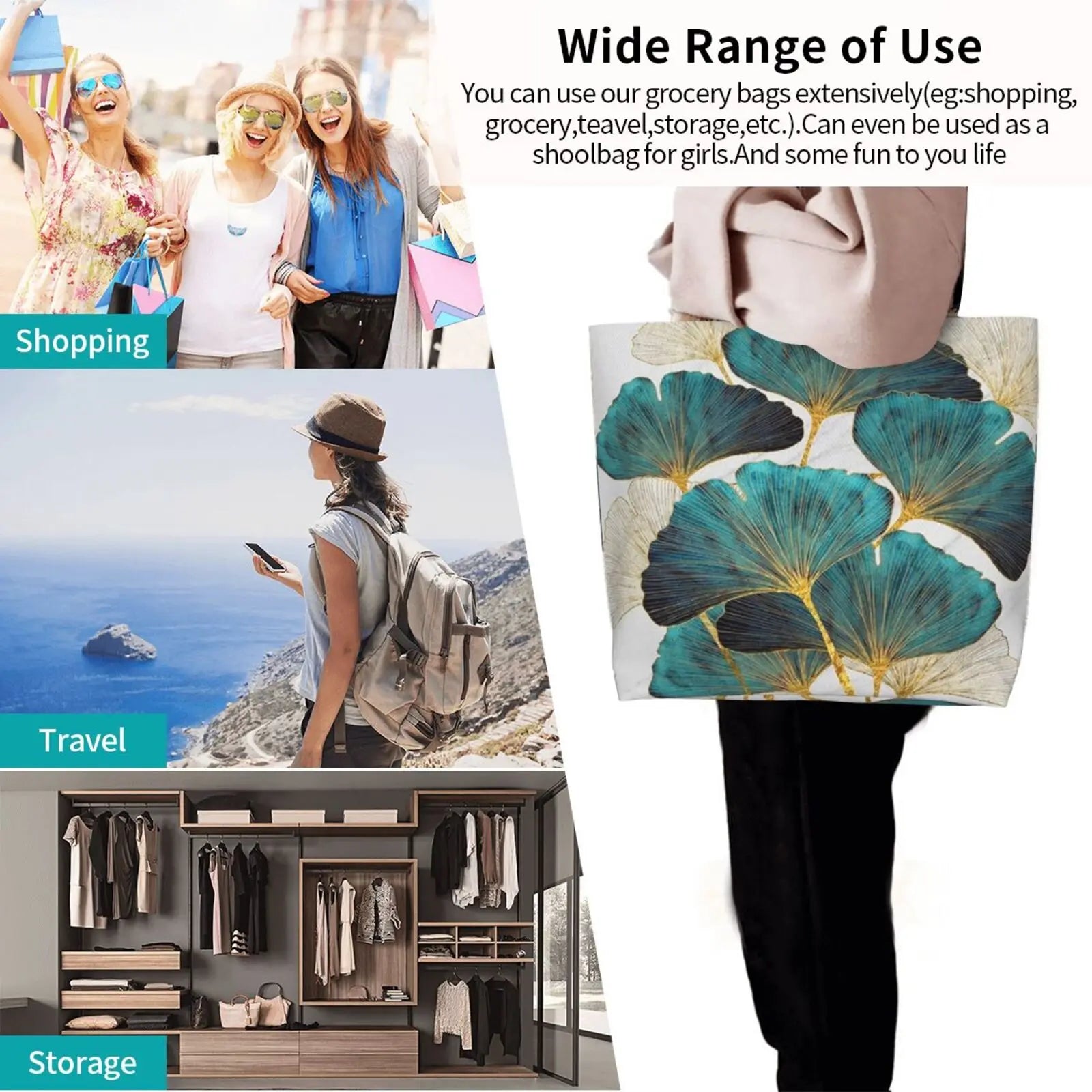 Ginkgo Leaf Print Shoulder Bag with Large Capacity