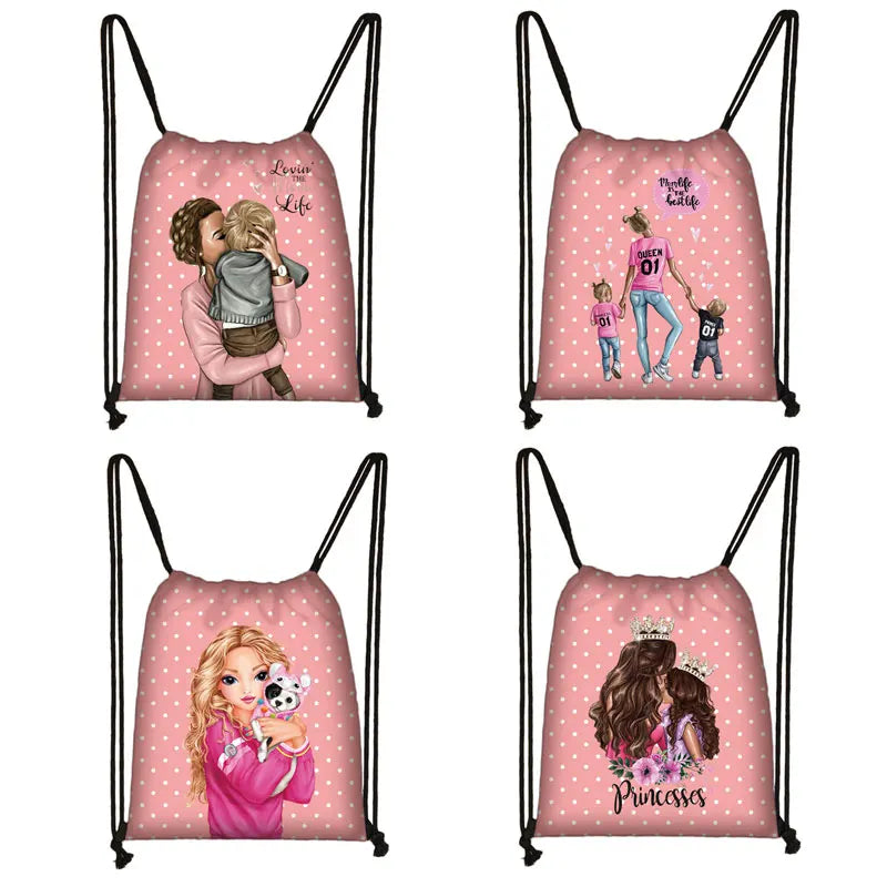 Mom Princess Girls Drawstring Bag Rucksack Women Canvas Ladies Storage Bags