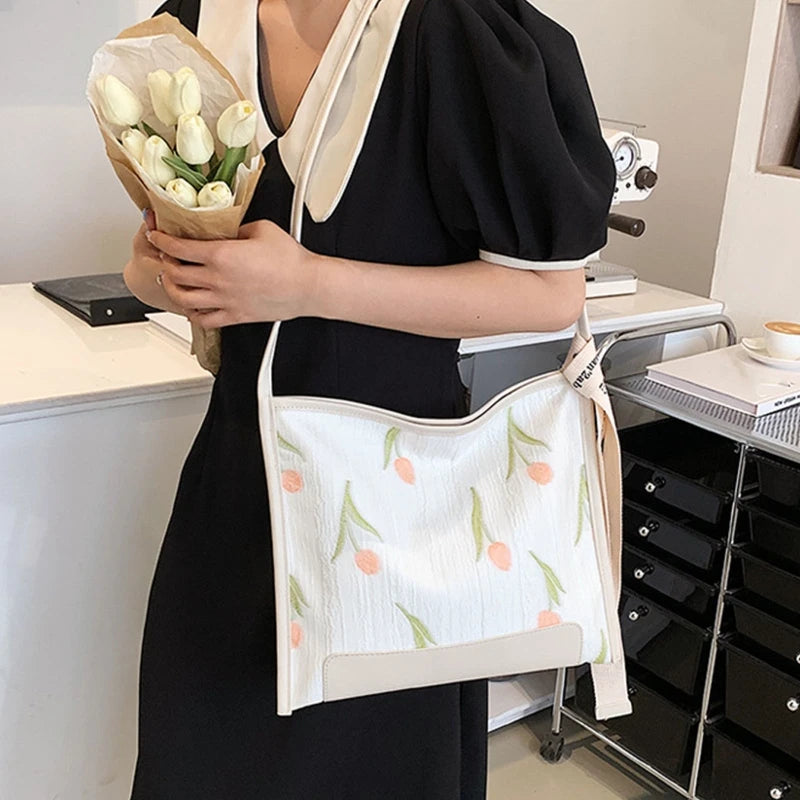 Tulip Embroidered Messenger Bag for Women