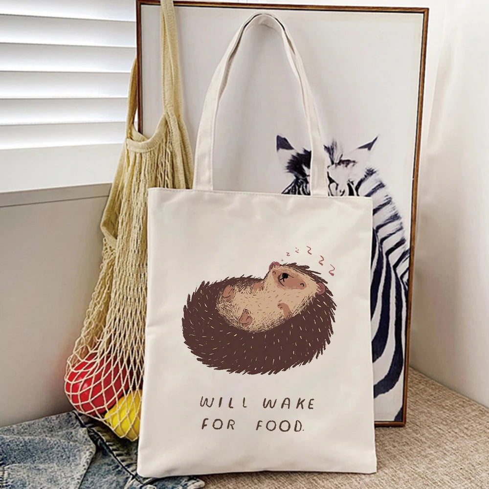 Hedgehog Flower Printed Handbags Women Shoulder Bags Casual Canvas Shopping Girl