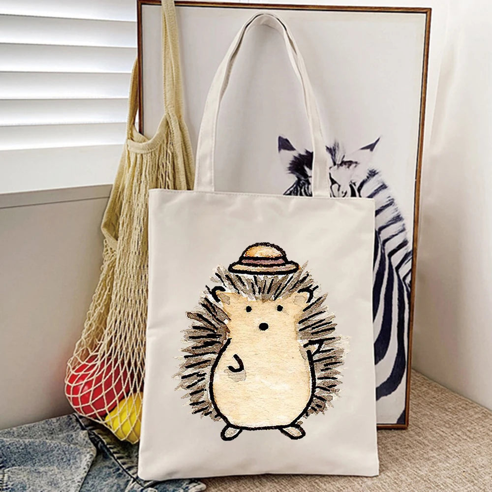 Hedgehog Flower Printed Handbags Women Shoulder Bags Casual Canvas Shopping Girl